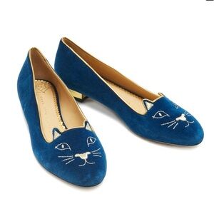 Charlotte Olympia Cat Shoes Blue Velvet 6.5